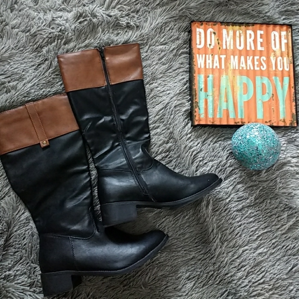 Black & Brown Calf-Height Boots Size 10 Like New